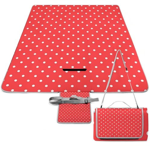 FekiLoot Picknickdecke mit roten und weißen Punkten, 148 x 148 cm, faltbare Outdoor-Picknickmatte, wasserdicht, hitzebeständig, Campingmatte mit Tragegriff, tragbare Picknickdecke für Park, Strand und