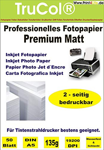 Beidseitig 50 Blatt DIN A5 135g /m² Premium MATT Fotopapier hochweiß für Tintenstrahldrucker sofort trocken wasserfest lichtecht Flyerpapier Broschüren Vorlagen Grußkarten Photopapier Einladungskarte