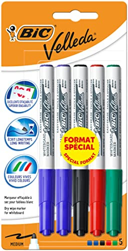 BIC Velleda 1741 Filzstift Fasermaler Trocken abwischbare – Farben sortiert, 5er-Blister