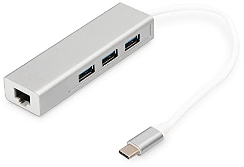 DIGITUS USB 3.0 Typ C 3-Port Hub mit Gigabit Ethernet Adapter, 3x USB A, 1x RJ45 LAN, Silber