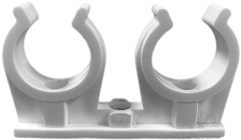 50 Stück Set Rohr Doppelt Clips Schellen aus Kunststoff weiss für 20 bis 22 mm Rohr Aussendurchmesser, mit Messingbuchse Innengewinde M6 IG für Ansatzschraube Halterung Befestigung