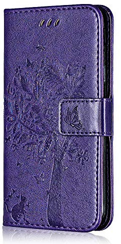Conber Cover per Samsung Galaxy J6 2018, Custodia in Pelle PU con Interno TPU Antiurto, Serie Gatto e Albero Flip Case Cover Custodia Portafoglio per Samsung Galaxy J6 2018 - Viola