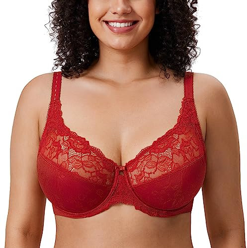 DELIMIRA Women's Beauty Lace Non Padded Minimiser Full Figure Underwire Bra Dark Red 36E