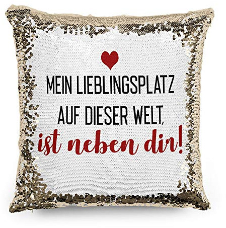 Tassendruck Pailletten-Kissen mit Spruch Mein Lieblingsplatz, ist neben dir - Rot - Verliebt/Liebe/Geschenk-Idee/Paar/Kissenbezug inkl. Kissenfüllung/Farbe: Gold