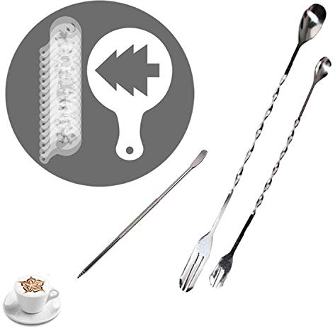 JinYu Coffee Art Maker Set, 16 Pieces Coffee Decorating Stencils Barista Template +1 Latte Pen + 2 Pack Spiral Pattern Mixing Spoon fork 2 in 1 for Mousse Cake Birthday Party Bar Espresso (19 Pcs)