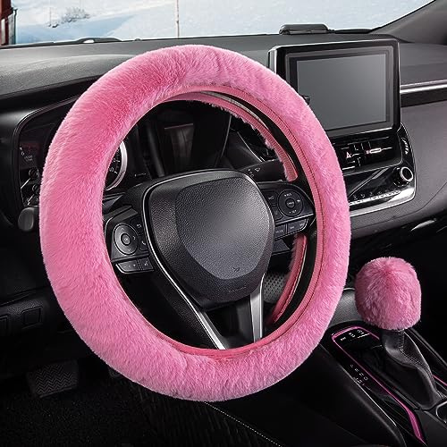 SEG Direct Pelziger Auto Lenkradbezug mit Flauschigem Schalthebelbezug, Weicher und Bequemer Lenkradbezug Plüsch-Autodekoration für Frauen und Mädchen, 37–39 cm, Rosa