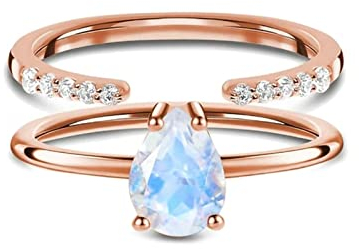 Bishilin Mondstein Ring Silber 925 Damen, Eheringe Solitär mit Tropfen Mondstein Verlobungsring Nickelfrei Hochzeitsring Rosegold Gr.54 (17.2)