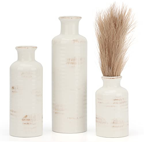 Belle Vous Vase Blanc Ceramique (Lot de 3) - Vase Blanc Design Décoratif Moderne - 3 Tailles - Décoration Intérieure pour Herbe de Pampa et Fleurs - Bibliothèque, Cheminée, Table, Entrée et Salon