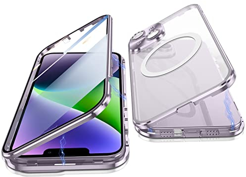 Jonwelsy Cover per iPhone 14 Plus, 360 Gradi Protezione Doppia Faccia Compatibile Magsafe Adsorbimento Magnetico Metallo Case Anteriore Vetro e Posteriore Matte PC Custodia per 14 Plus (6,7) (Viola)