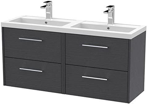 Hudson Reed JNU2224C Juno Modern Bathroom Wall Hung 4-Drawer Vanity with Polymarble Double Basin, 1200mm, Woodgrain Graphite Grey