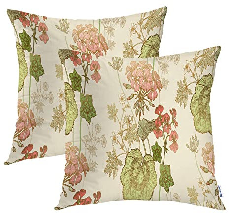 Batmerry Kissenbezüge mit Blumenmuster, grünes Blatt, rosa Geranie, dekorativer Kissenbezug, Digitaldruck, Mischgewebe für Couch, Sofa, Bett, unsichtbarer Reißverschluss, 50,8 x 50,8 cm