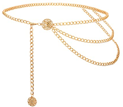 WHIPPY Taillenkette Damen Metall Gürtel Gold Mehrschichtiger Verstellbarer Taillen Gürtel Kettengürtel für Jeans Kleider,Gold 90cm