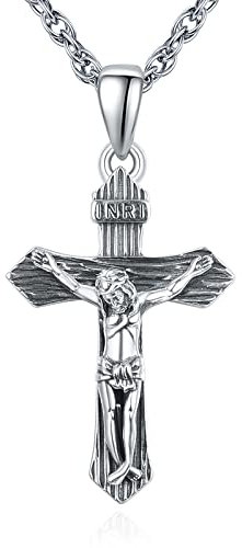 KATHLU Jesus Kreuz Anhänger Halskette für Herren 925 Sterlingsilber Religionsmedaillen Amulett Schutz Kruzifix Halskette Jesus Kreuz Schmuck Geschenk
