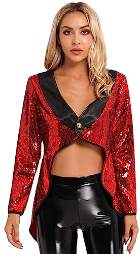FEESHOW Damen Pailletten Frack Kostüm Zirkus Ringmaster Jacke Karneval Weihnachten Kostüm Silvester Showtime Party Outfit Mantel A_Rot M