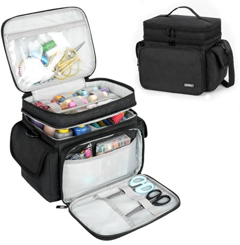 Organizer per Articoli da Cucito a Doppio Strato,Scatola Cucito,Borsa Portaoggetti per Accessori da Cucito,Scatola da Cucito da Viaggio Portatile,Cestino da Cucito per Strumenti,Nero(Solo Borsa)