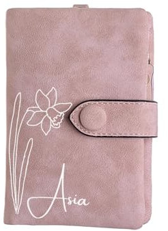 Portefeuille Personnalisé pour Femmes, Nom Personnalisé, Fleur de Naissance, Portefeuille en Cuir, Porte-Cartes, avec Fentes pour Cartes, Poche pour Pièces de Monnaie