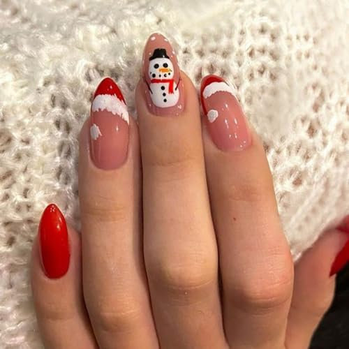 Prosy 24pcs Noël ongles courts ovales faux ongles Red Elk forêt flocon de neige crutch faux ongles bonhomme de neige femmes et filles presser les ongles (C)