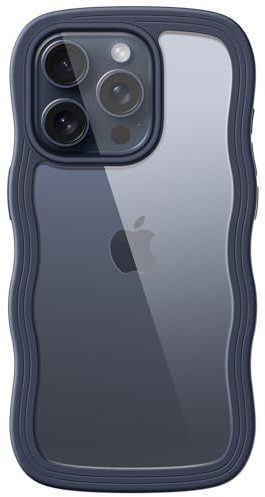 JETech Cute Case for iPhone 15 Pro Max 6.7-Inch, Wave Frame Curly Shape Shockproof Phone Cover for Women and Girls, Clear Hard PC Back (Blue Titanium)