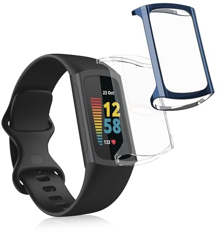 kwmobile 2X Schutzhülle kompatibel mit Fitbit Charge 6 / Charge 5 Hülle - Fullbody Cover Set aus Silikon - Transparent Dunkelblau