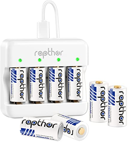 Rapthor wiederaufladbare Batterien 123A 8 Stück 750mAh 3.7V mit Schnellladegerät 123 Lithium-Batterien Kompatibel mit Arlo Kamera VMC3030/VMK3200/VMS3330 Taschenlampen intelligente Sensoren Alarm