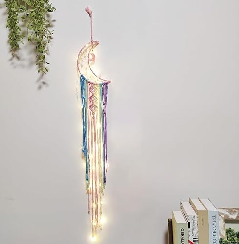 Koytoy Macrame Wall Hanging with LED Light,Moon Dream Catcher Woven Tapestry Bohemian Home Decor Wedding Party Ornaments Craft Gifts,Interior Holiday Decorations Decoration（Rainbow Colors）