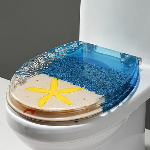 Wttfc WC-Sitz aus Transparent Harz, Echte Muscheln und Sand, Toilettendeckel mit 360° Verstellbaren Scharnieren aus Edelstahl, Absenkautomatik, Quick-Release, Obere Montage, V-Form Klodeckel,G