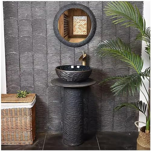 ZTGL Standwaschbecken Im landhausstil, Handgeschnitzte Keramik Säulen Waschbecken, Badezimmer Waschtisch Mit Wasserhahn und Abfluss-Kombinat,with Mirror