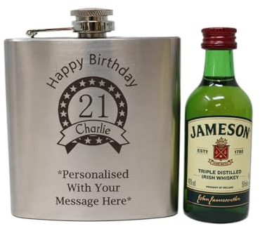 Personalised Silver Hip Flask & Miniature Alcohol - Birthday Design (Irish Whiskey)