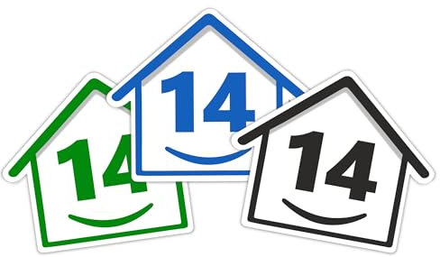 3 x Bin Numbers for Wheelie Bins, 1-99, 15cm ‘Happy House’ Colour Design Dustbin Stickers, Easy Application Stick On Number Stickers - Weatherproof Self Adhesive Vinyl – Blue, Black and Green (14)