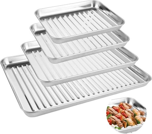 Oungy Confezione da 4 teglie da forno, in acciaio inox, 4 misure, rettangolare, design ondulato, lavabile in lavastoviglie