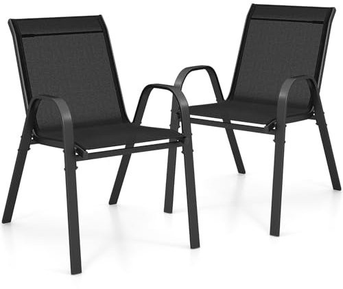 GYMAX Set di 2/4 Sedie da Giardino Impilabili con Tessuto Resistente alle Intemperie, Poltroncine da Esterno in Metallo per Giardino, Cortile, Portata 150 kg, 56 x 70 x 84 cm (Nero, 2 Pezzi)