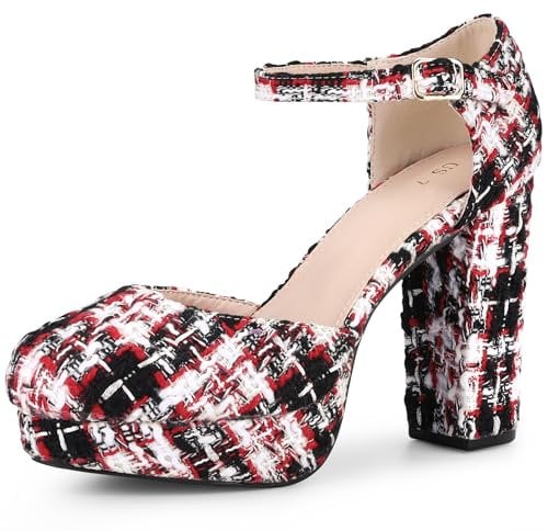Allegra K Women's Plaid Platform Ankle Strap Chunky Heel Mary Janes Pumps Red Black 6 UK/Label Size 8 US