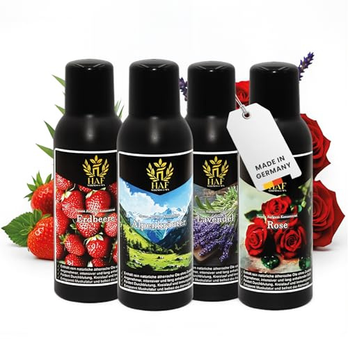 HAF Saunaaufguss Set „Frühlingshauch“ - 4 x 100ml Sauna Aufgussmittel Alpenkräuter, Erdbeere, Lavendel, Rose - Saunaduft mit natürlichen ätherischen Ölen & ohne Zusätze