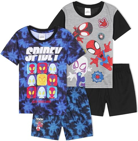 Marvel Spidey and His Amazing Friends Boys Pyjama Set, 2 Pack Half-Sleeve T-shirt & Short Pj Bottoms, Kids Nightwear Clothes (5-6 Years, Multi Spidey, 2 Pck)