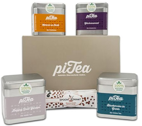 piTea Geschenkset mit 4 Mini-Dosen und Kandiszucker-Sticks | Tee Geschenkset für echte Genießer - Tee Set Geschenk, Tee Probierset aus Deutschland