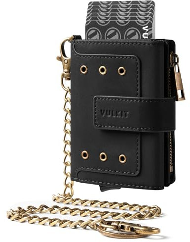 VULKIT Portefeuille Intelligent Homme avec Chaîne, Éjecteur de Cartes en Aluminium Sécurisé RFID, Fenêtre d'Identité, Poche à Pièces Fermeture Éclair + Compartiment à Billets - Boîte Cadeau (Noir Mat)