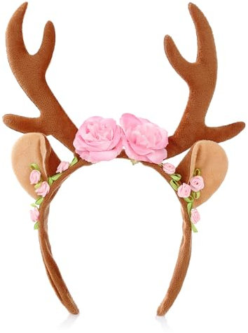 KarneLux Reh Haarreif Damen - Kostüm Accessoire für Karneval, Fasching oder Weihnachten - Rentier Geweih mit Ohren und Blumen