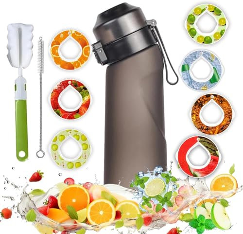 Air Water Bottle with Flavour Pods, 650ML New Fruit Scented Water Bottle With 7 Flavour Pods and 2 Brushes, Starter Set 0 Sugar Calorie Cup BPA Free &Leak Proof for Gym Sports Outdoor(Black)