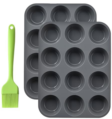 HRCOYES 2 Pack Muffin Trays with 1 Brush, 12 Cup Silicone Muffin Pans, Non-Stick Cupcake Tin, Baking Mould for Muffins or Cupcakes, Bakeware 33 x 25 x 3 cm