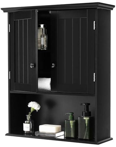 Multigot Wooden Bathroom Cabinet, Wall-Mounted Storage Cabinet with Adjustable Shelf and Compartment, Modern Toilet Cupboard Storage Unit for Kitchen Living Room Corridor (with Wooden Handles, Black)