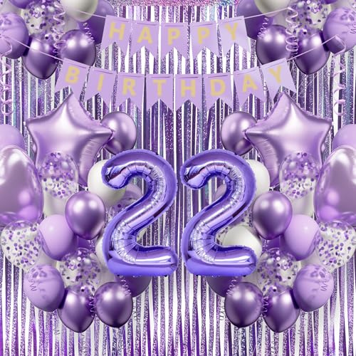 22. Geburtstagsdeko Mädchen, Lila-Weiß Luftballons Geburtstag Deko Zubehör Set, Geburtstag Partydekoration für 22 jährige Junge Frau