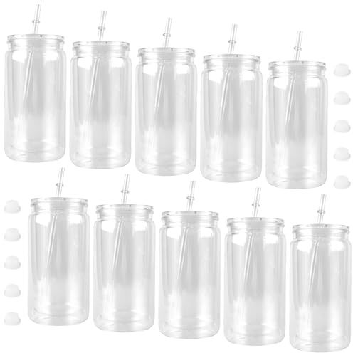 SEUNMUK Schneekugelbecher, vorgebohrt, doppelwandig, mit Gummistopper, Kunststoffdeckel und Strohhalmen, transparente Schneekugelbecher für Schneekugel, Glitzer, DIY, 10 Stück