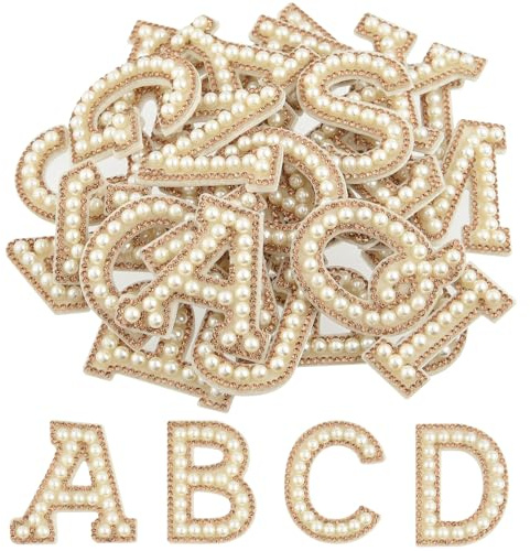 CHRORINE 26/52/78 Pcs Self Adhesive Pearl Rhinestone Letter Patches A-Z, Pearl Letter Alphabet Stickers for Hats, Clothes, Pants, Bags (26, Light Brown, Height 1.9″)