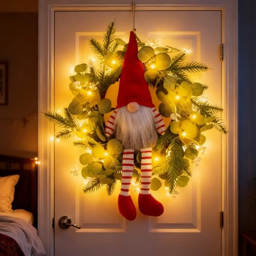 Türkranz Weihnachten Beleuchtet, Weihnachtskranz Haustür Wichtel Türkranz mit Beleuchtung Weihnachtsdeko Wichtel Kranz mit LED Licht Adventskranz Weihnachten für Haustür Wand Fenster Kamin (D)