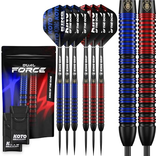 KOTO - Dual Force, Messing Dartpfeile für Anfänger, 20G, 2 Sets, 6 Stück | 20G Steeldart Pfeile, Inkl. 6 Barrels, 6 Dart Flight & 6 Shaft, 2 Dartboxen, Schwarz/Blau/Rot, Messing mit Stahlspitze