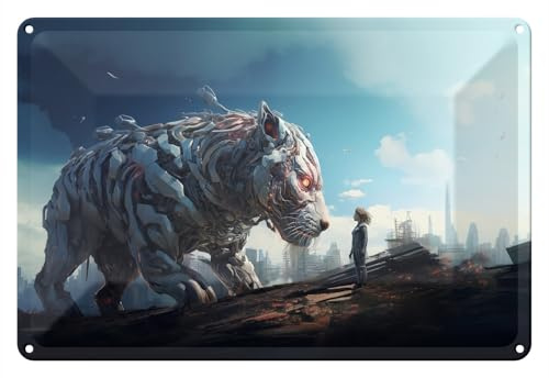 Wallario Blechschild Wandbild aus Metall Cyber-Tiger - 20 x 30 cm in Premium-Qualität: Brillante Farben