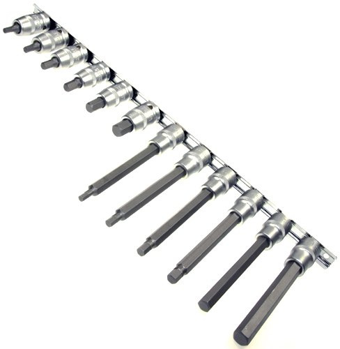 Alkan Innensechskant Stecknuss Satz 5-12 mm lang kurz 12-tlg | Lange und kurze Innen-6-kant Stecknüsse 5-12 mm auf Steckleiste, 12-tlg Satz für Ratsche & Montage