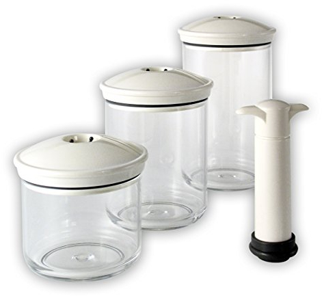 FranquiHOgar - Juego de 3 Envases Cilíndricos de Vacío con Bomba Extractora - 0.5L, 0.75L, 1L - Almacenamiento Higiénico - Conservación Óptima de Alimentos, Blanco