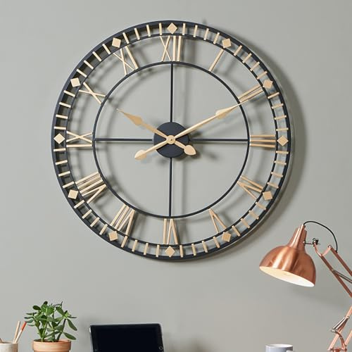 Pacific Lifestyle Large Industrial Skeleton Wall Clock | Modern Metal Black and Gold Oversized Wall Clocks For Living Room Clock | Extra Big Roman Numeral Kitchen Clocks (Black and Gold)