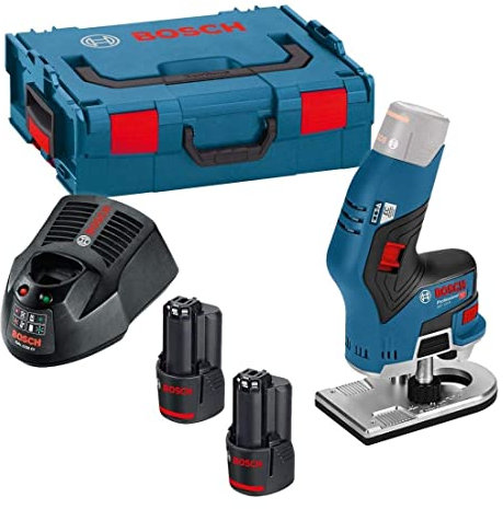 Bosch Professional 12V System cordless Palm Router GKF 12V-8 (incl. Quick charger GAL 12V-40, Open-ended spanner 17 mm, 2 x battery GBA 12V 3.0Ah, Collet with nut 1/4, L-BOXX 136)